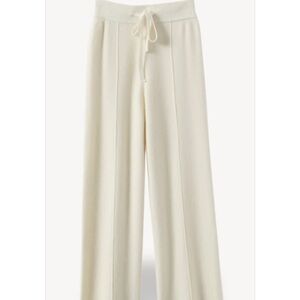 Cream Wide-Leg Knit Pants With Draw String Waist